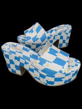 Larroude Checkered Daisy Miso Chunky Platform Sandals Blue White Women's 7.5